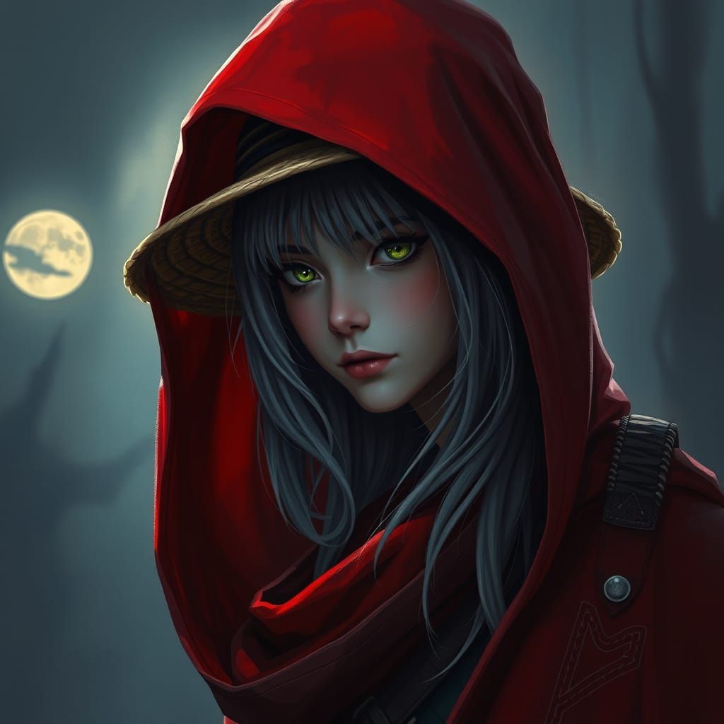 Sonata Under Red Hood with Gray Hair and Straw Hat