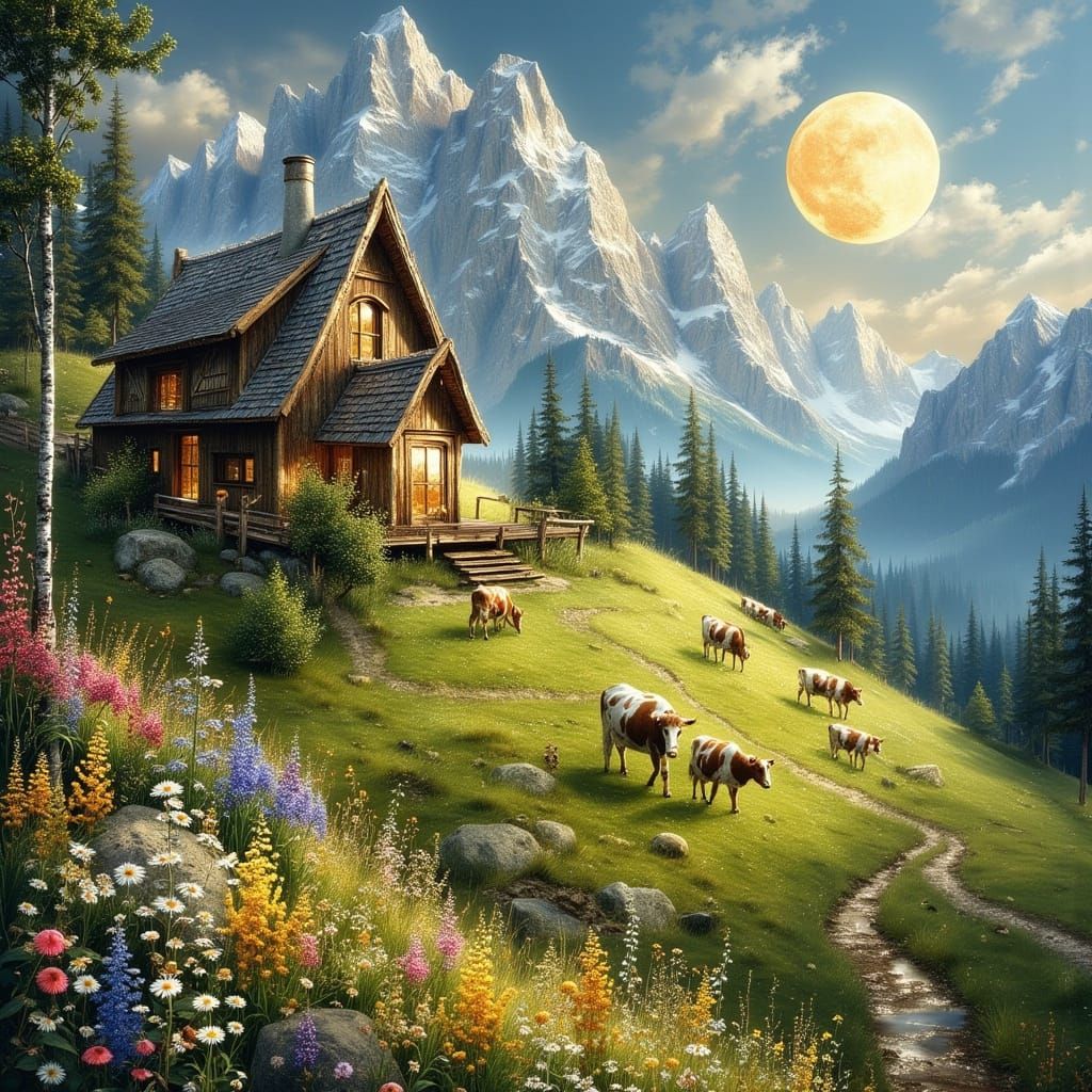 Whimsical Chalet in Swiss Alps Under Surreal Moon