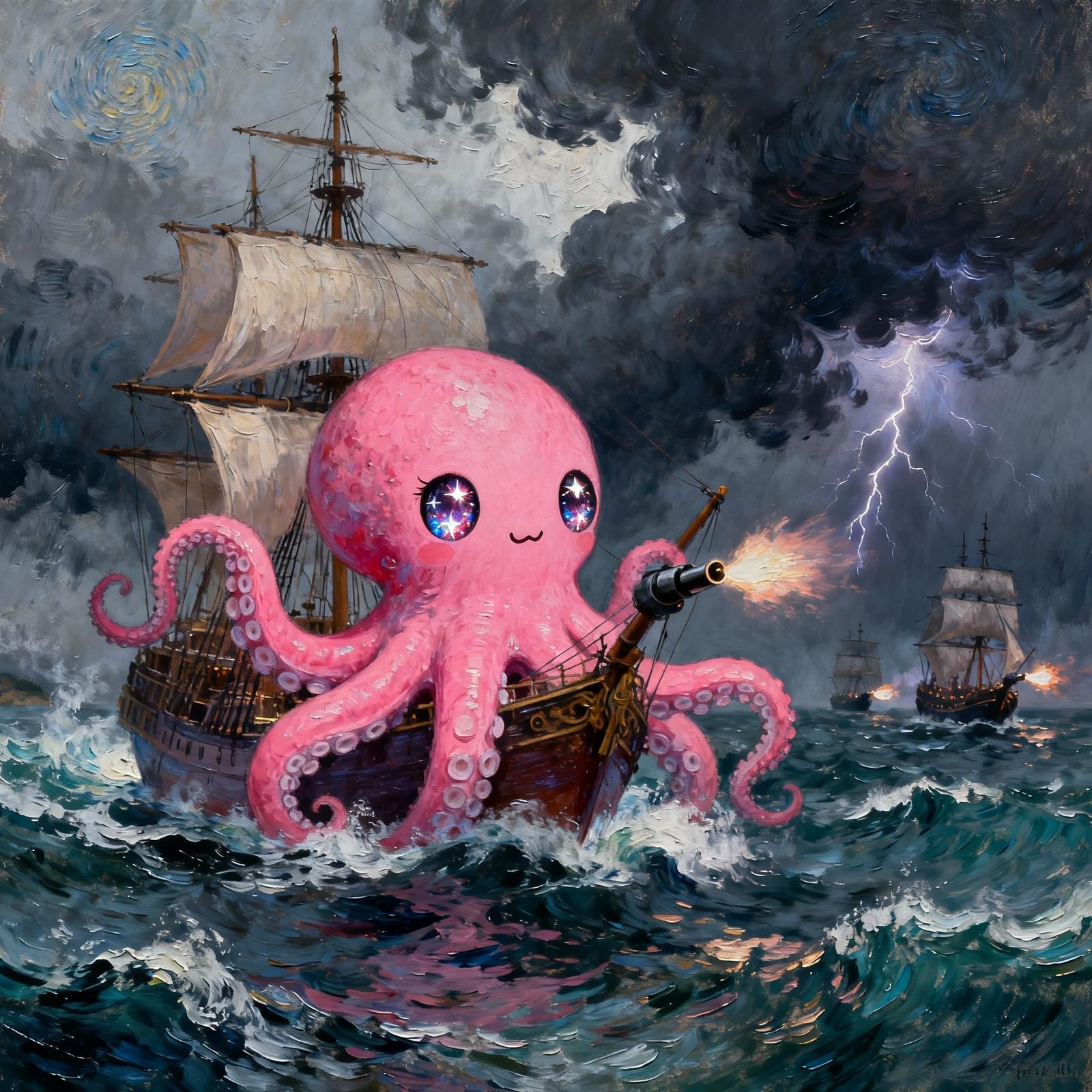 Kawaii Octopus vs. Warship in Moody Oil Painting Style
