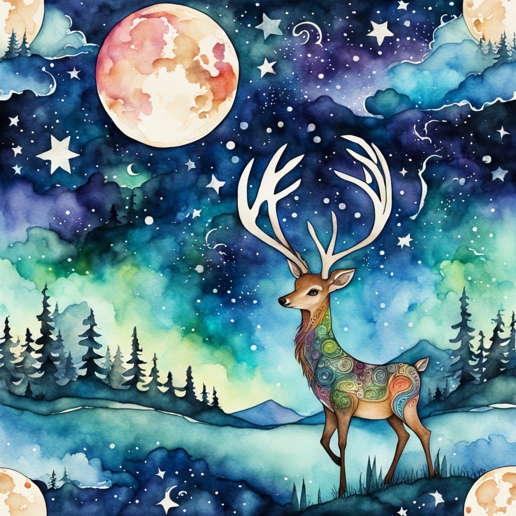 Space, moon stars, space deer, northern lights watercolor al...