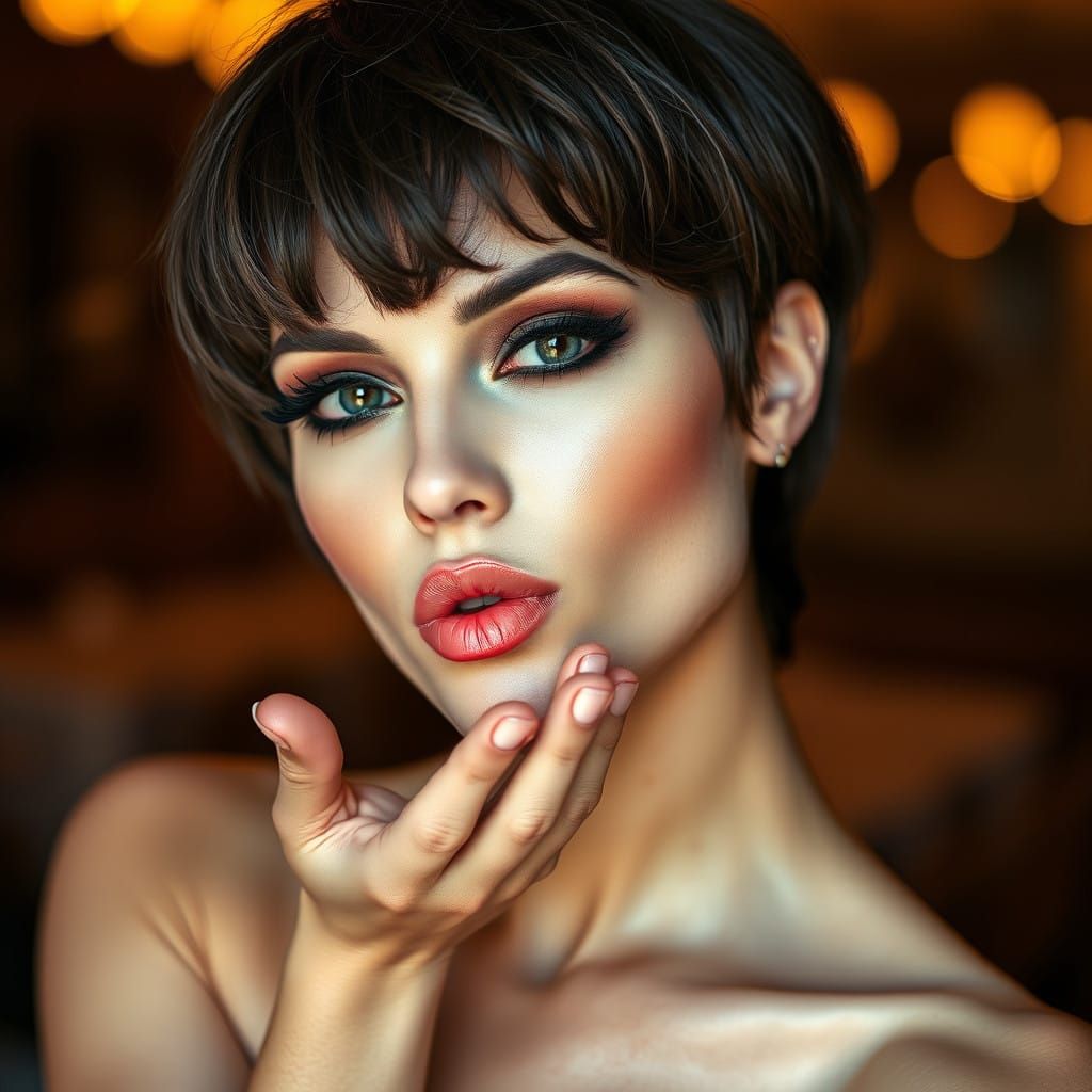 Sultry Brunette Blows Kiss in Dramatic Lighting