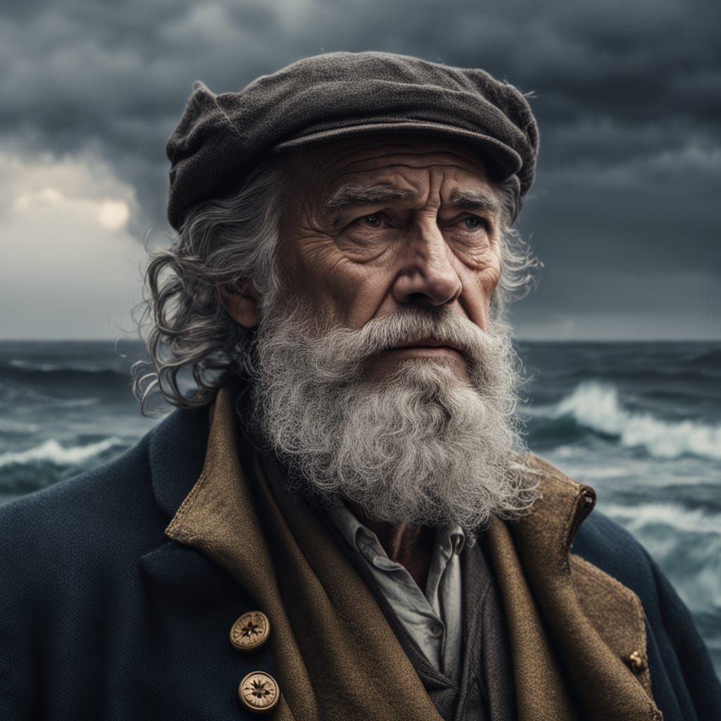 Old Sea Captain in Stormy Seas, Realistic Painting