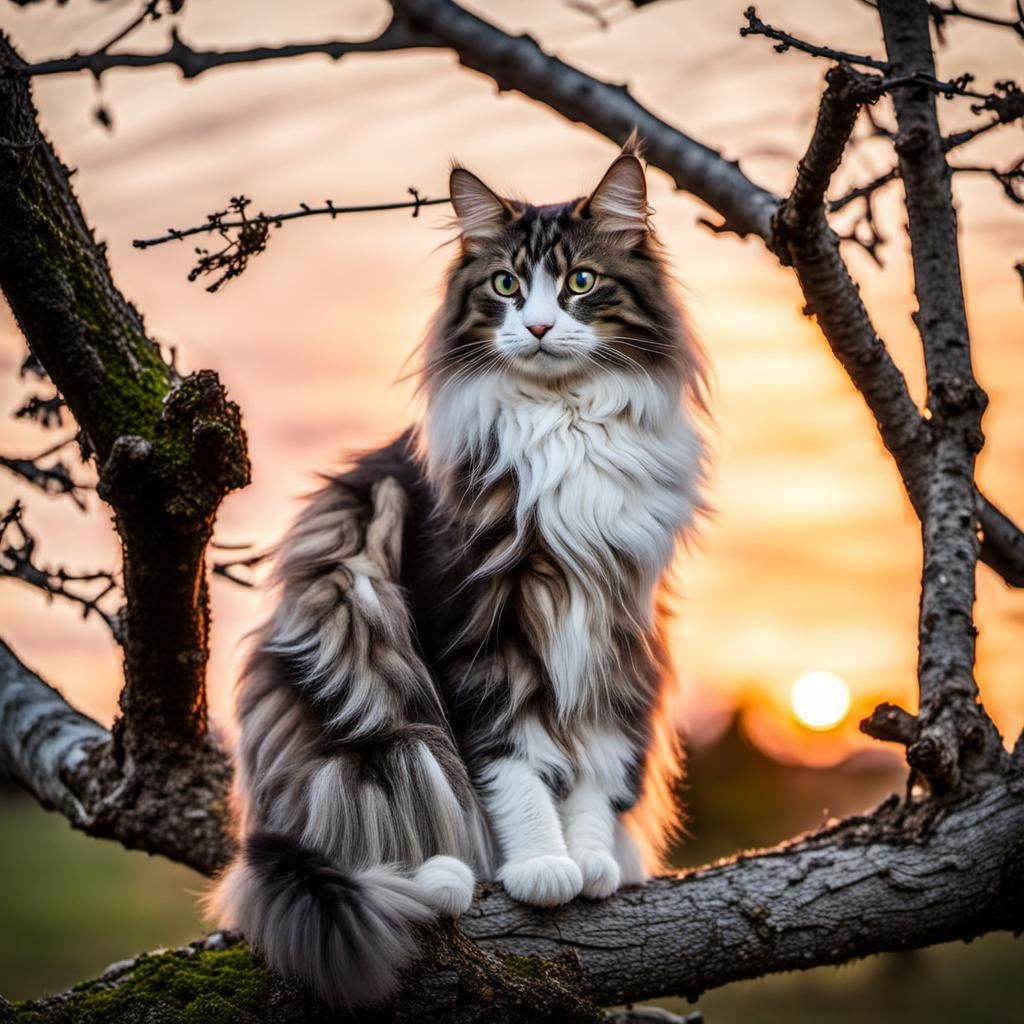 Norwegian Forest Cat at Sunset