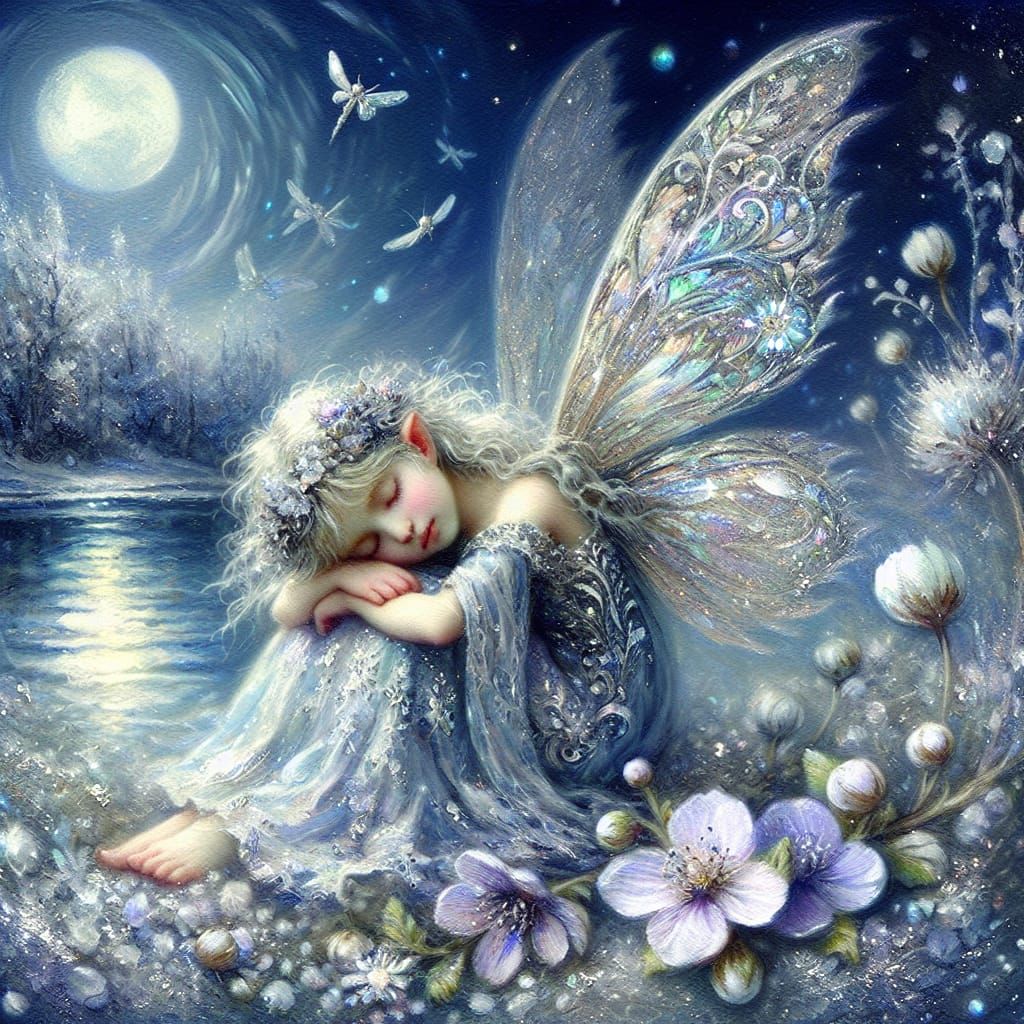 Enchanting Fairy Slumbering on Lavender Blooms in a Winter W...