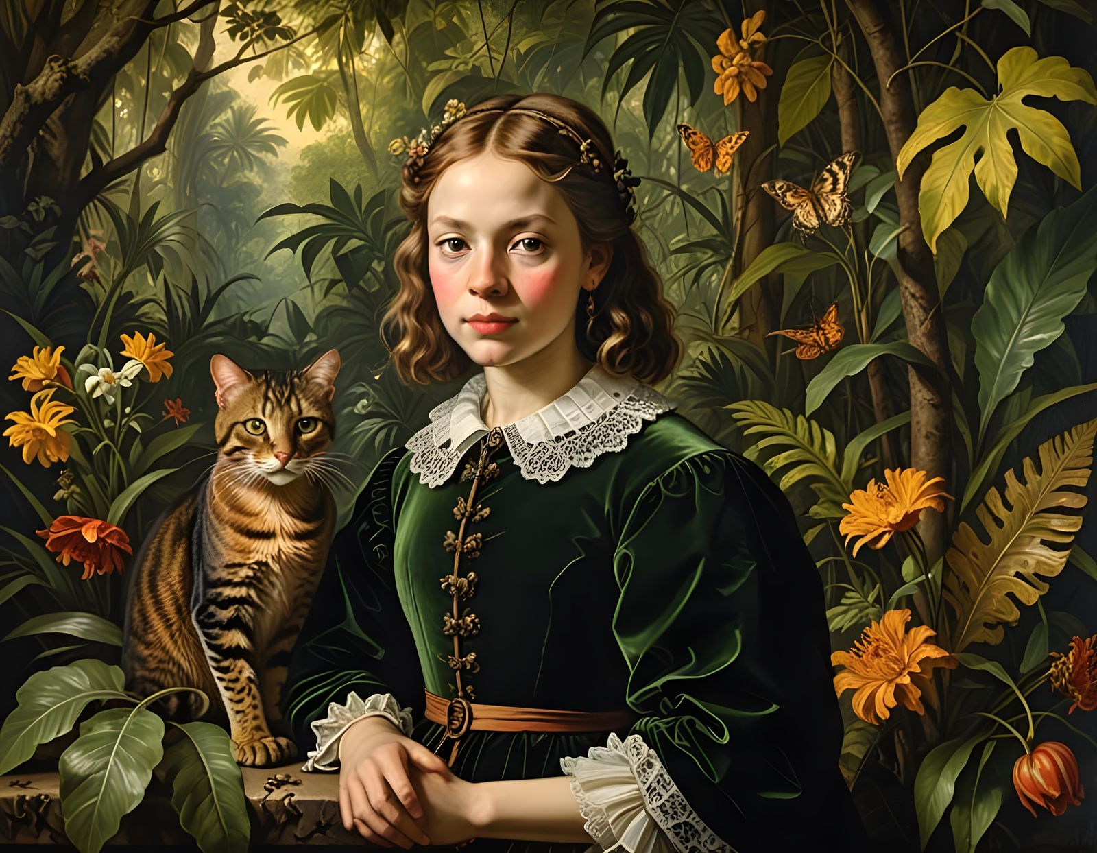 Girl in a Jungle with a Majestic Companion, in a Baroque Oil...