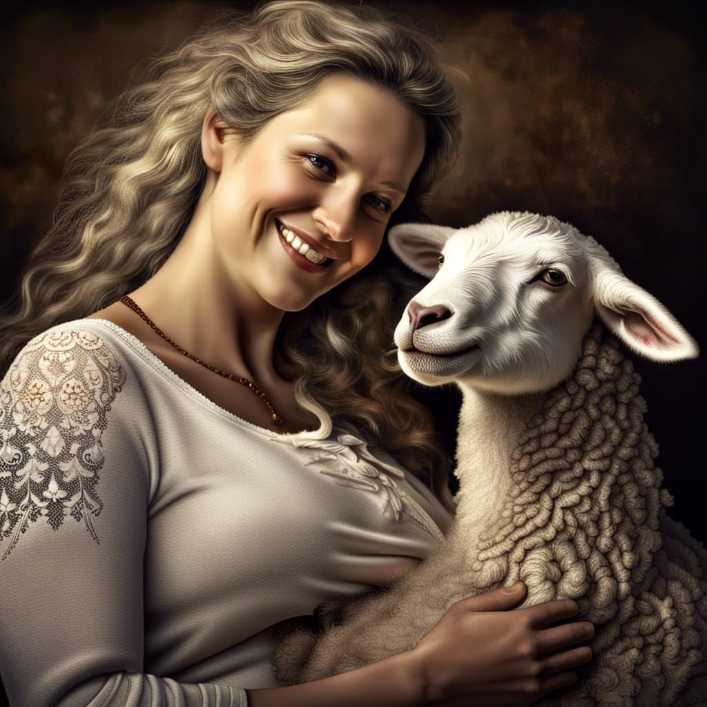 Hyperrealistic Pregnant Mother and Lamb Portrait