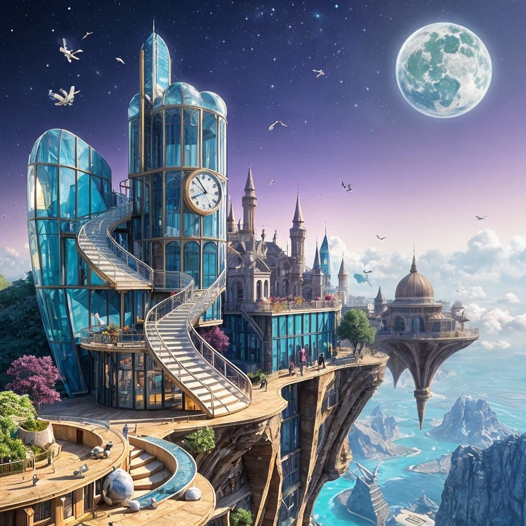 Surrealistic Floating Cityscape with Dali-Inspired Timepiece...