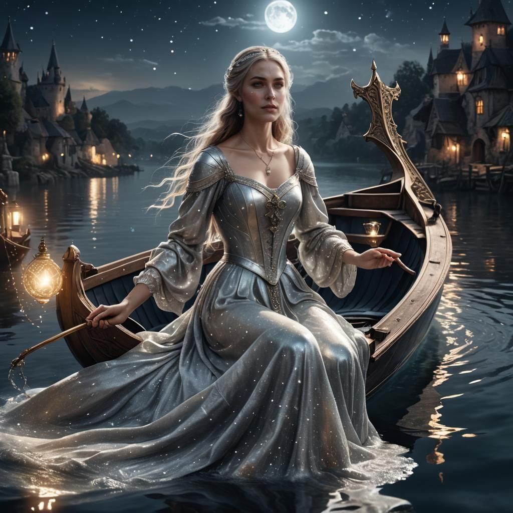 Medieval Sorceress Drives Gondola in Starry Sky