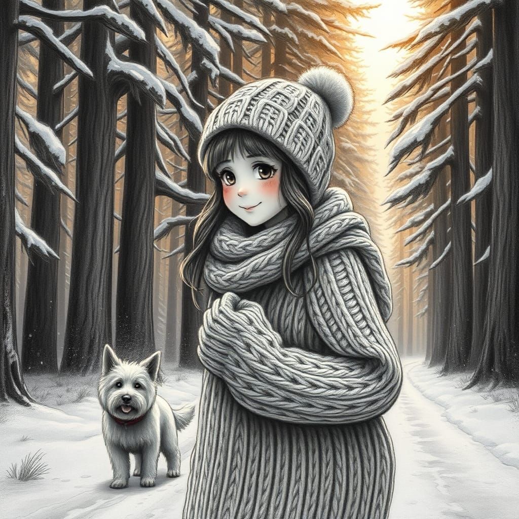 Girl and Dog in Snowy Forest, Charcoal Drawing