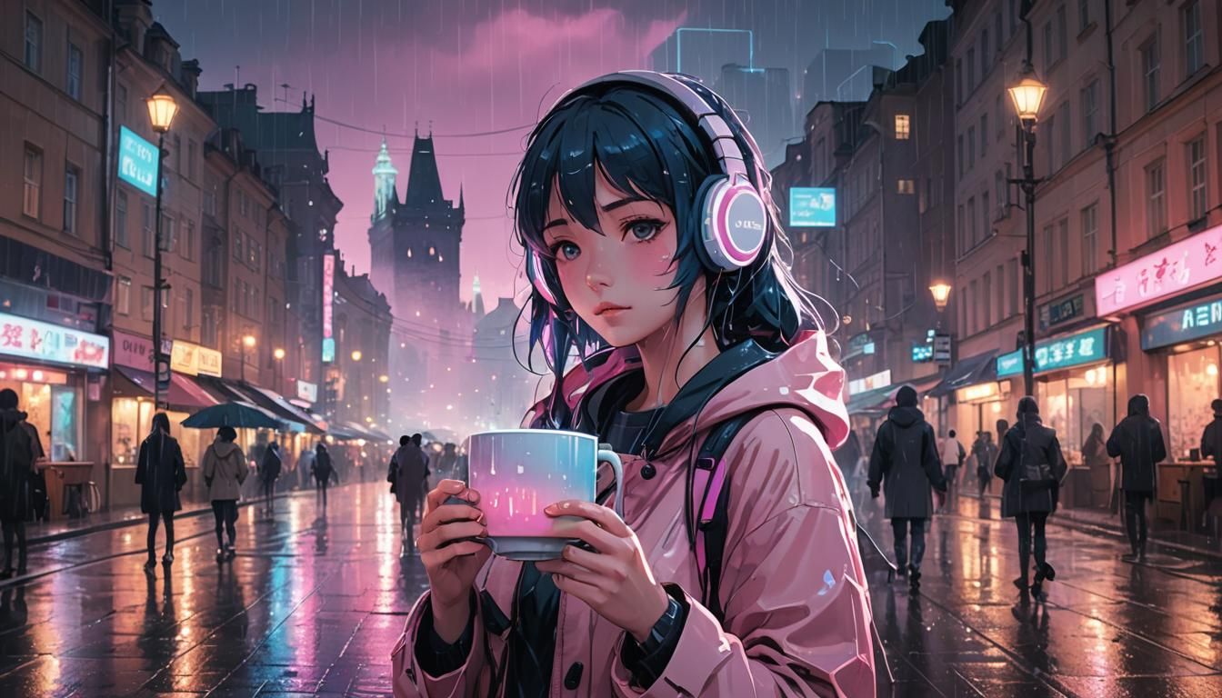 Anime Girl in Rainy Prague: Surreal Manga Art