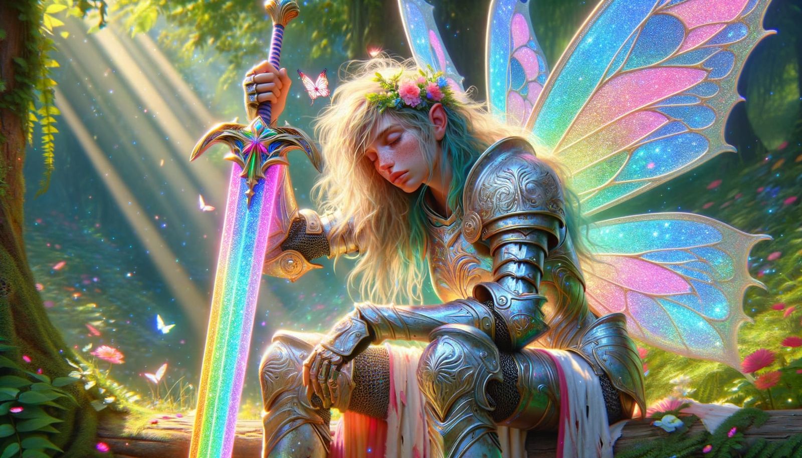 Tired Fairy Paladin with Rainbow Sword in Forest