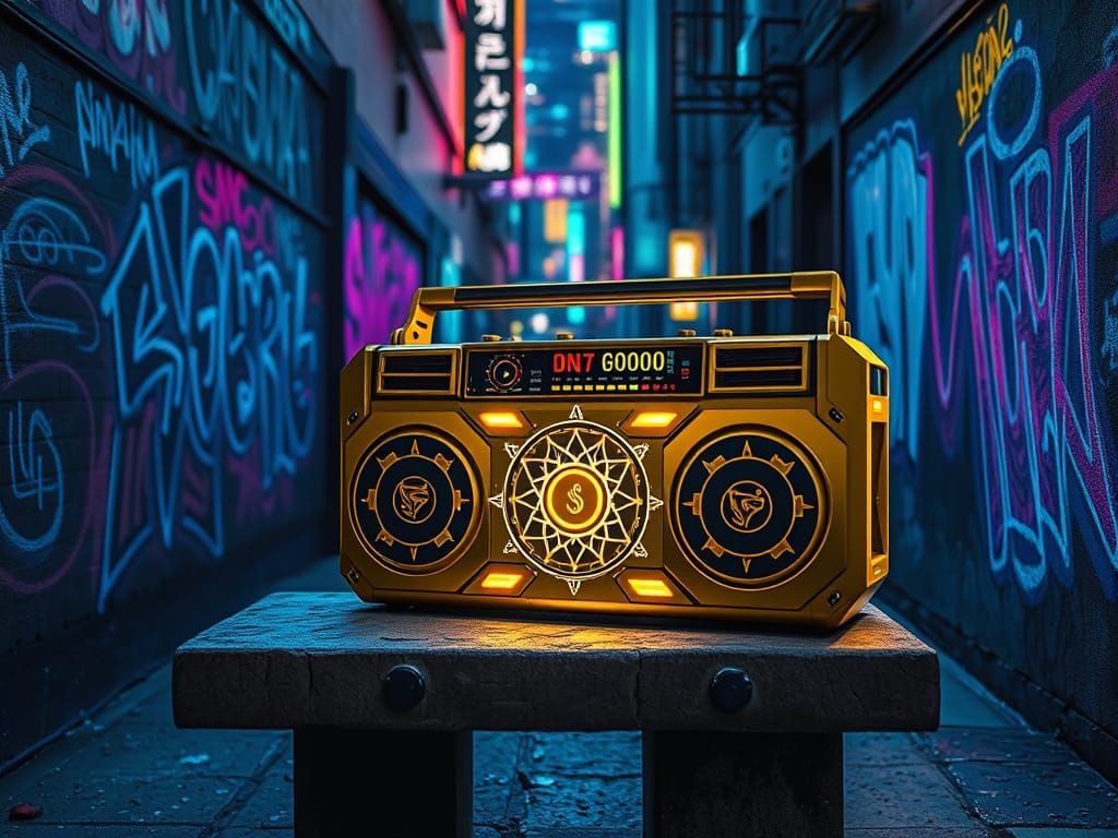 Cyberpunk Boombox with Gold Accents and Sanskrit Yantras