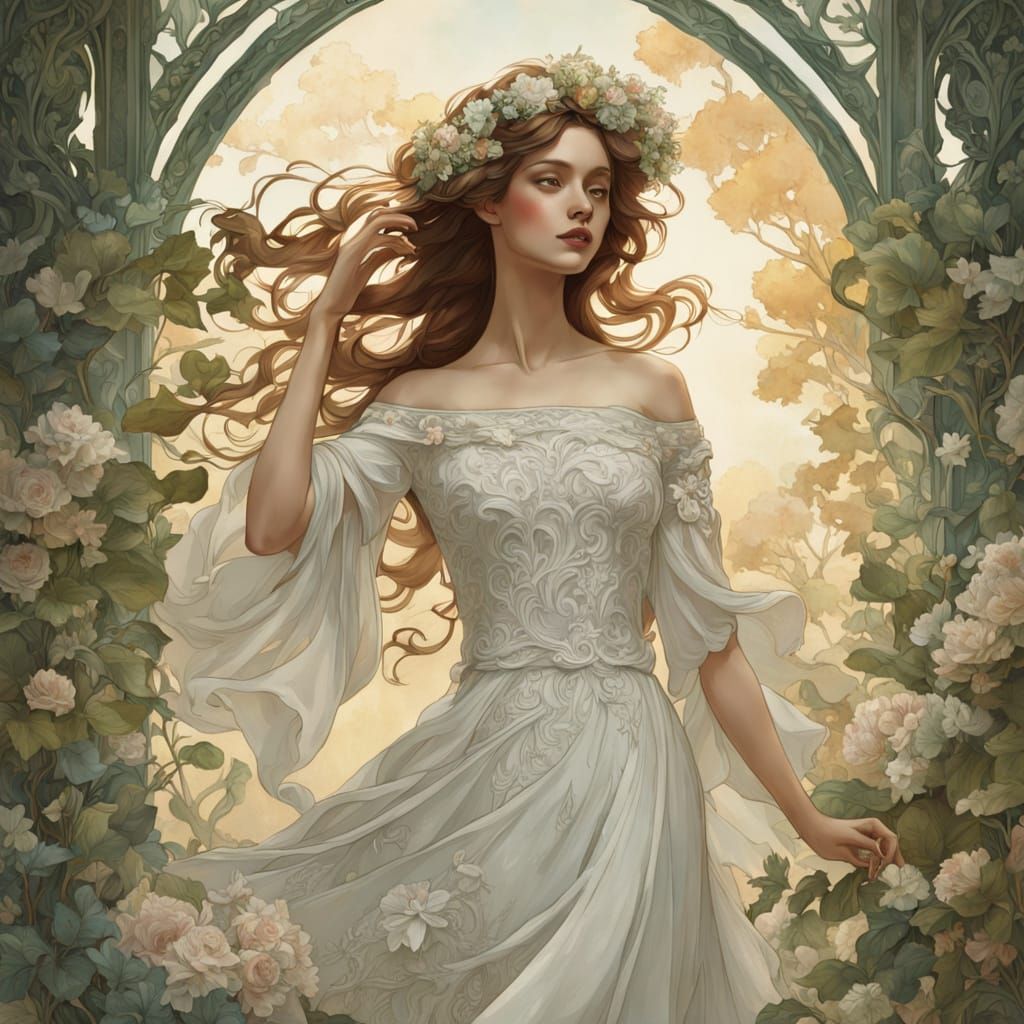 Ethereal Art Nouveau Goddess in Lush Greenery