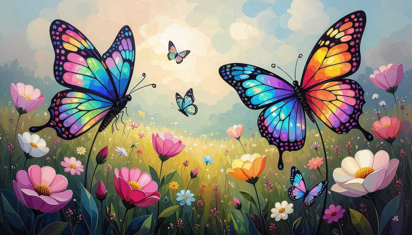 Giant Stained Glass Butterflies in Dreamlike Meadow