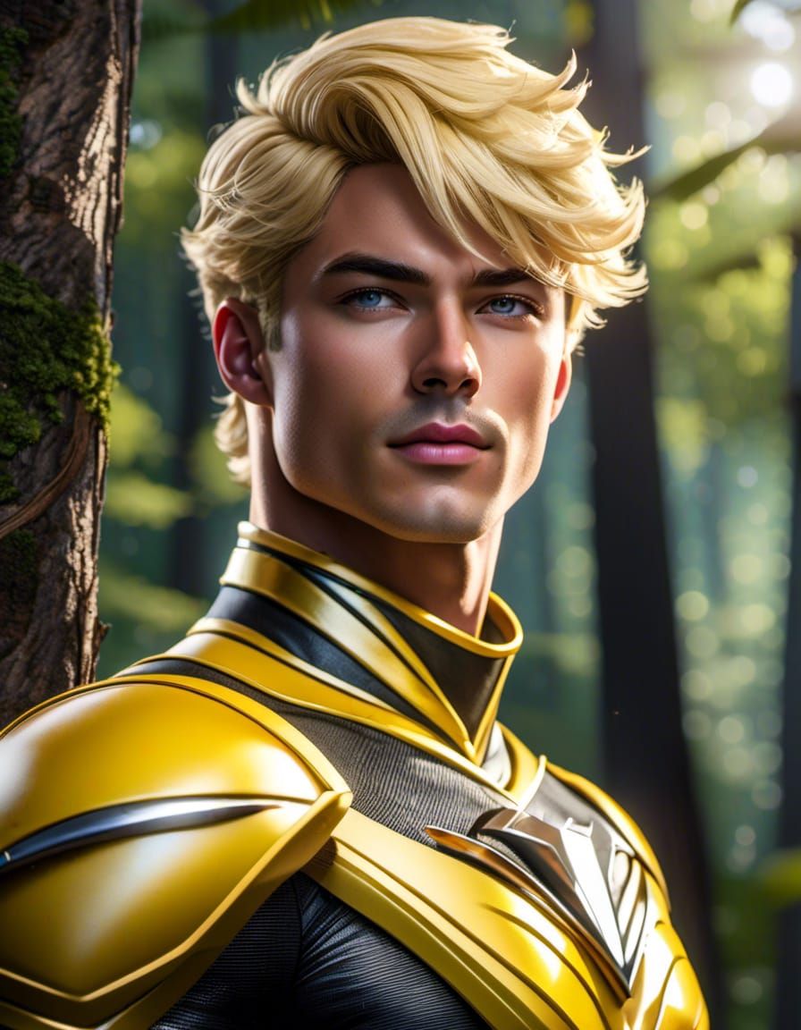 Yellow Power Ranger Soaring Through Forest