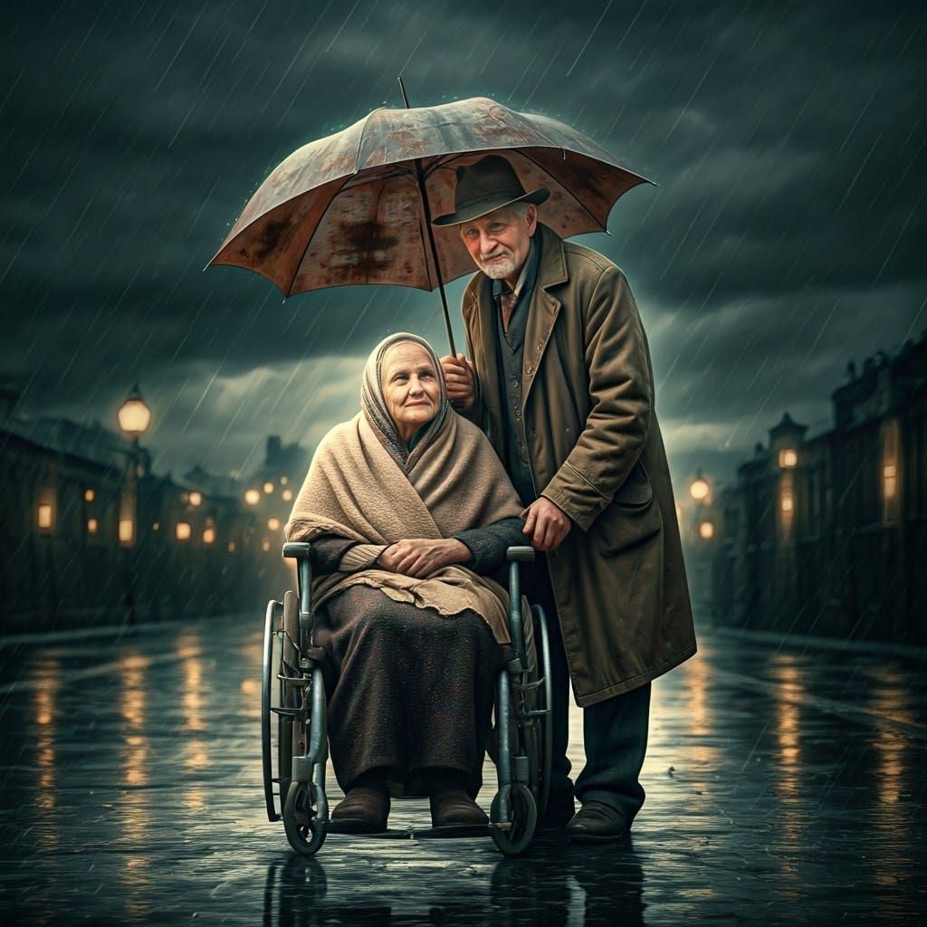 Devotion in the Rain: An Elderly Couple's Love