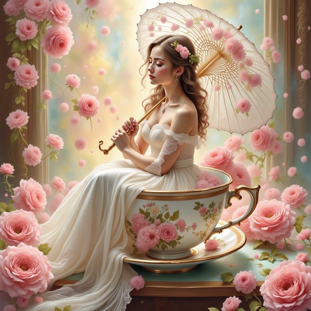 Woman in Coffee Cup: Alphonse Mucha Style