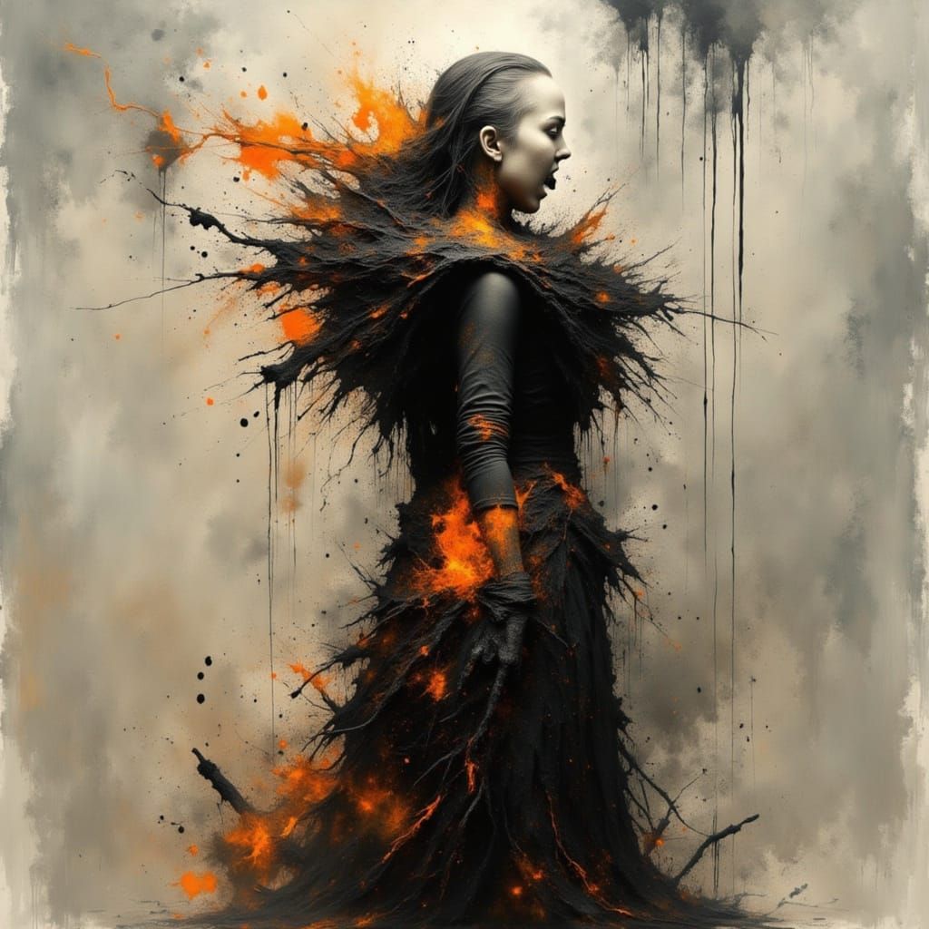 Woman Yelling Words as Bullets in Ink Splatter Style