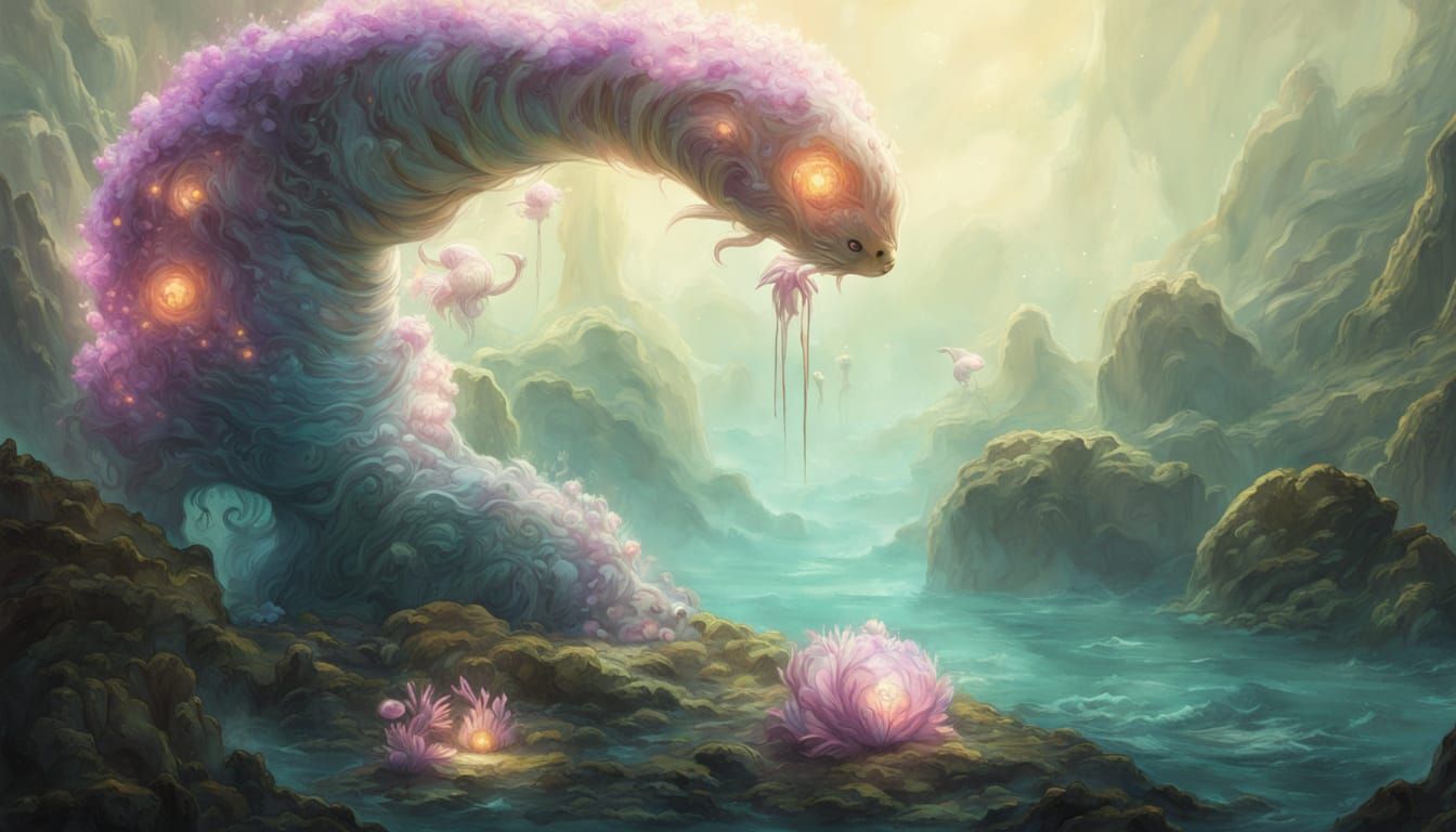 Moebius-Inspired Fluffy Creature in Dreamlike Landscape