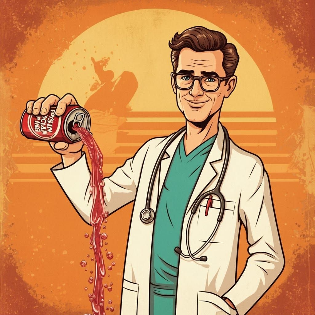 Retro Physician Character Pouring Soda
