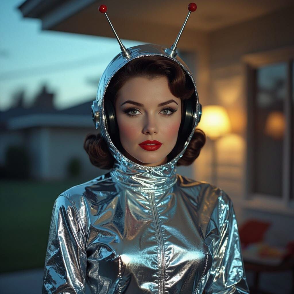 1950s Alien Costume in Suburban Cinematic Film Still