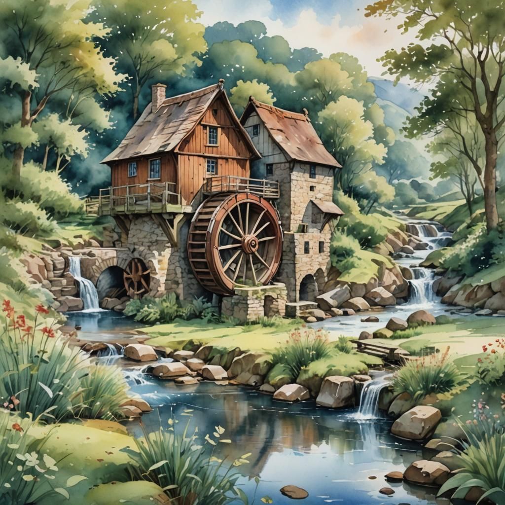 Idyllic Watermill in Lush Valley: Watercolor Style