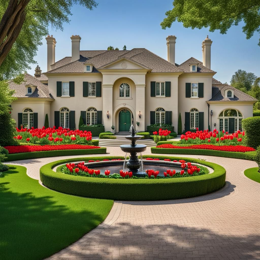 Elegant Beige Mansion with Circular Driveway