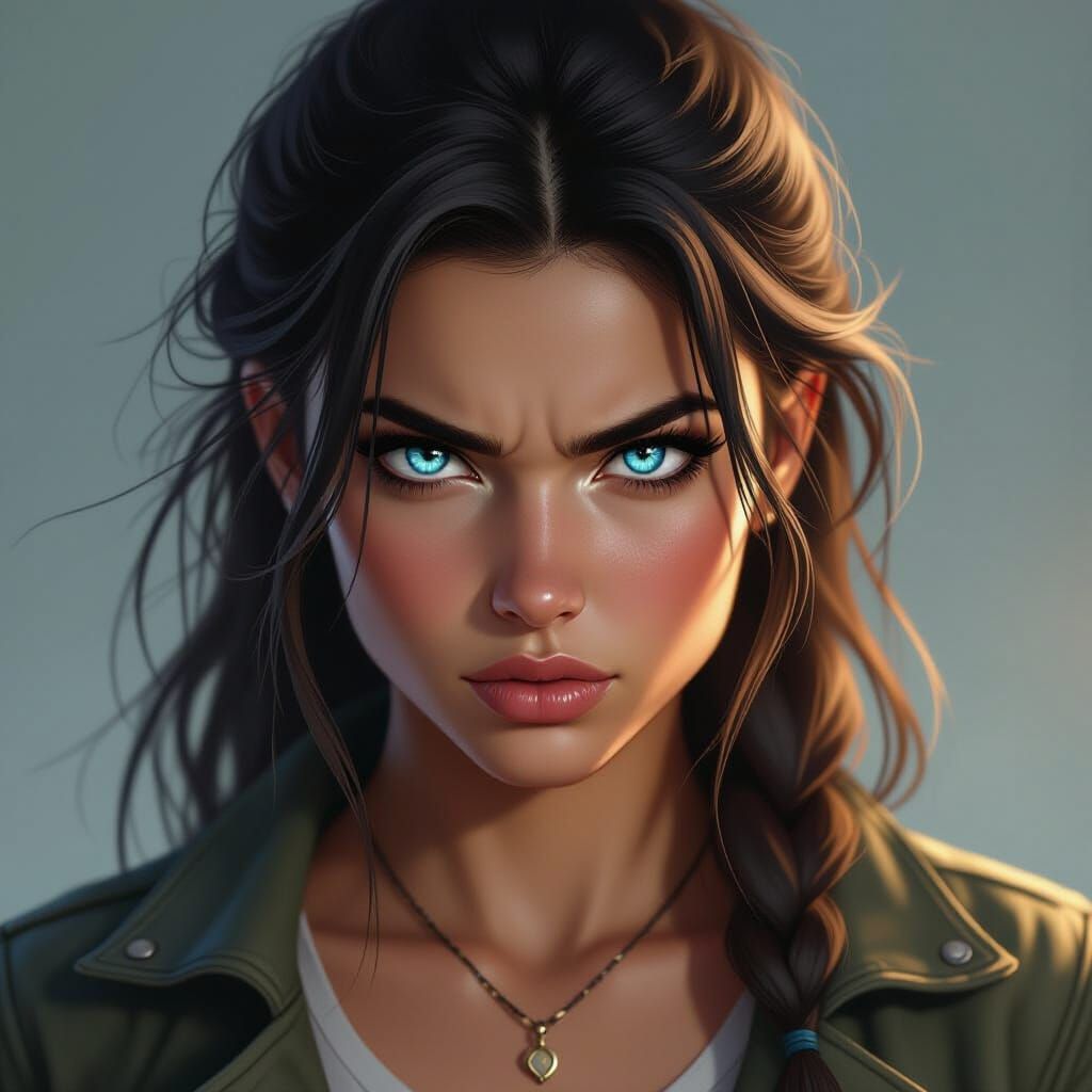 Fierce Young Woman Glaring with Intense Animosity