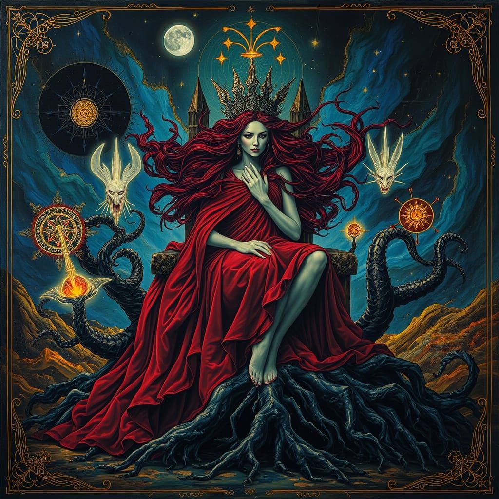 Surrealist Goddess Seated on Throne of Black Roots in Dreaml...