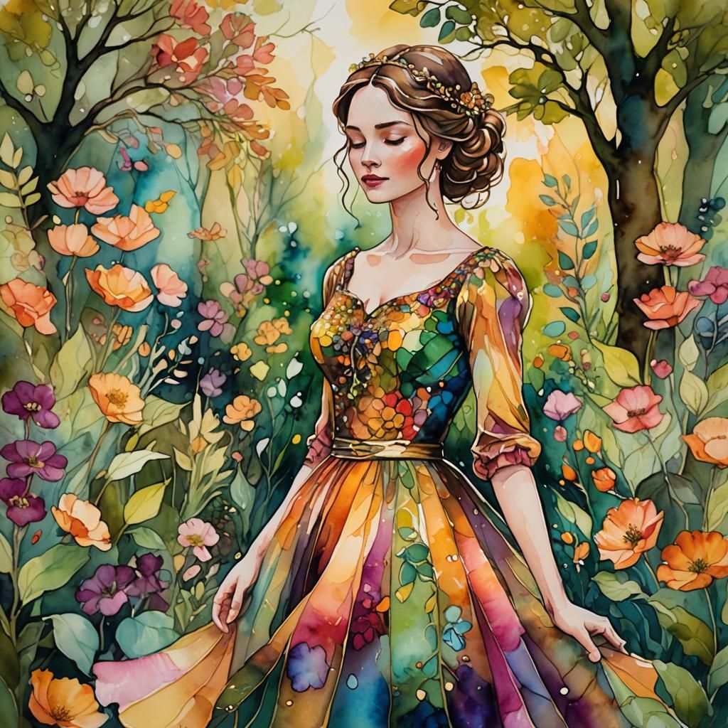 Ethereal Lady in Vibrant Garden: Alcohol Ink Illustration