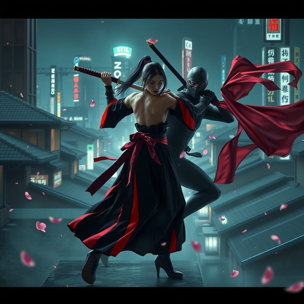 Tokyo Rooftop Ninja Fight in Cyberpunk Style