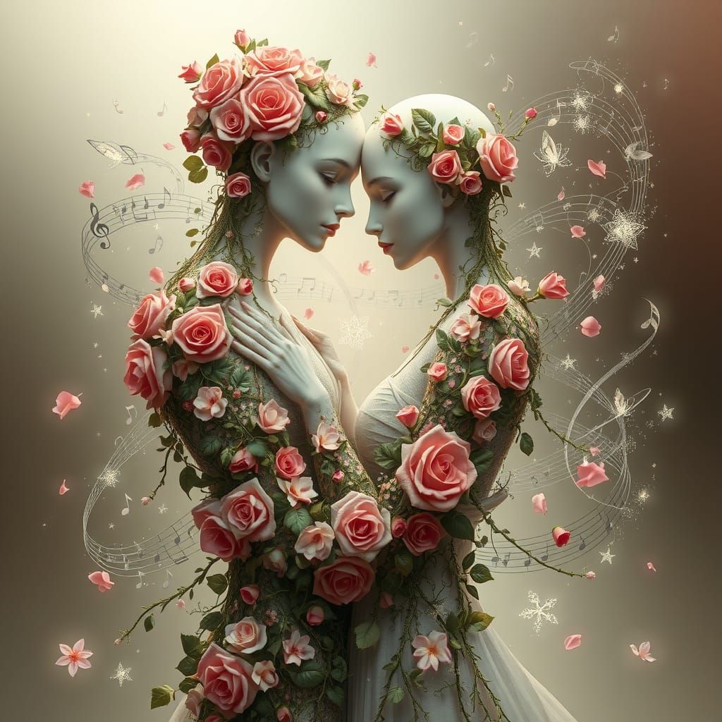 Floral Figures Entwined in Musical Embrace