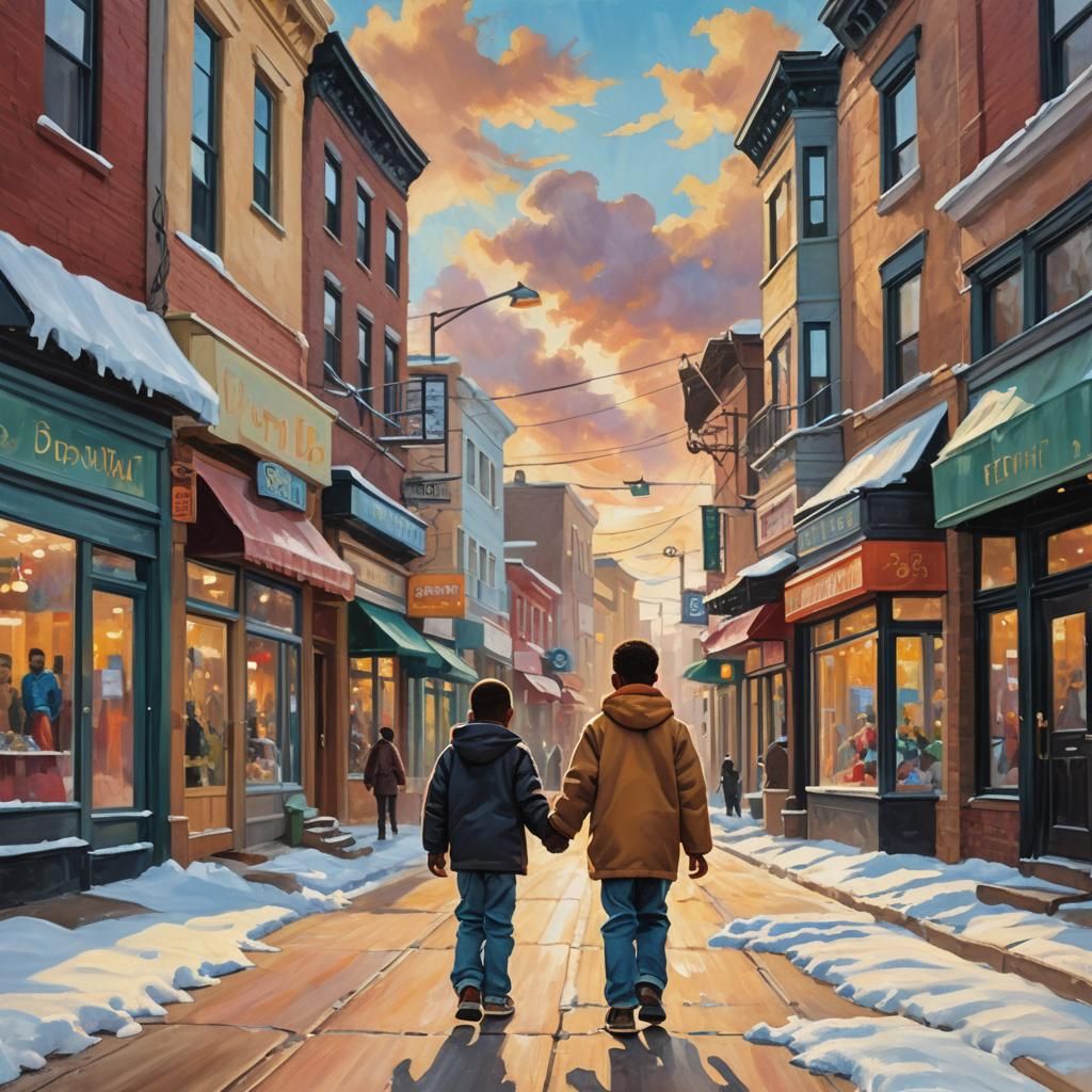 Father and Son in Winter: Impressionistic Oil Painting