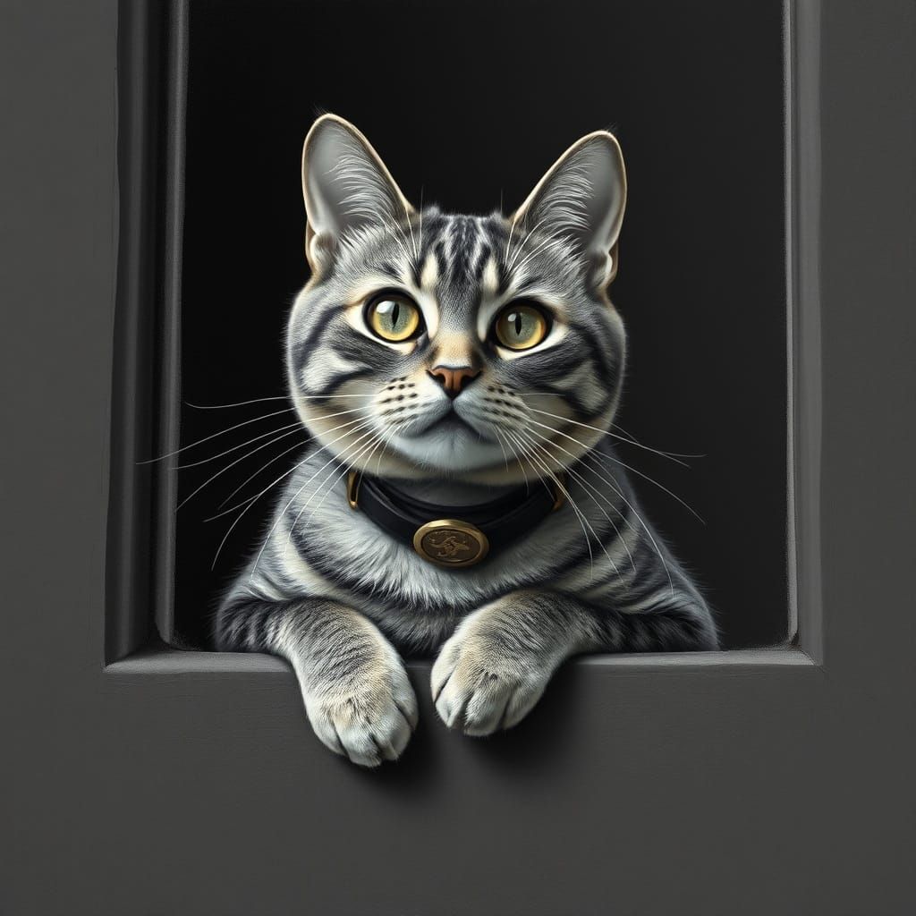 Hyperdetailed Charcoal Drawing of a Cat on a Window Sill