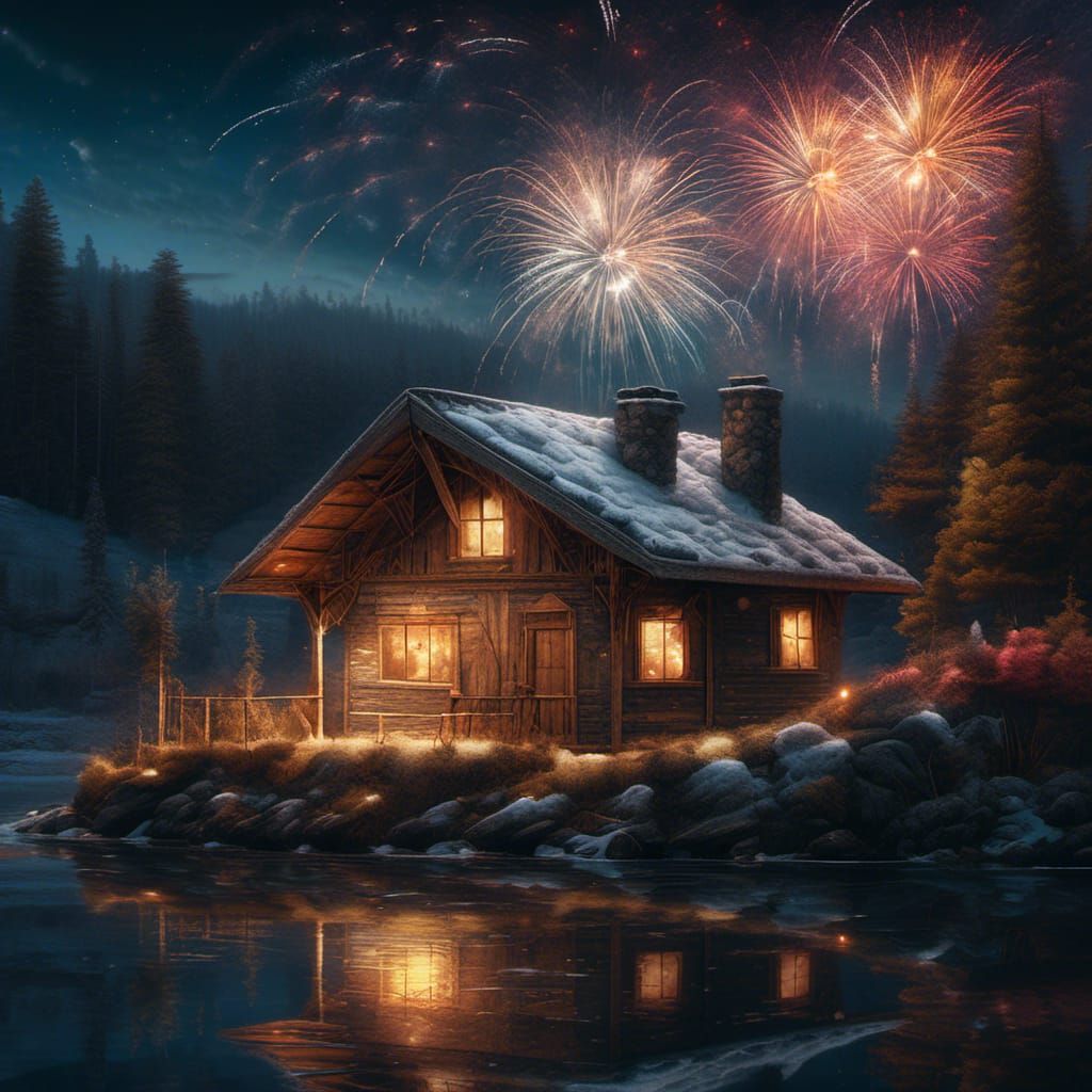 Fireworks Over Winter Cabin: Photorealistic Digital Art