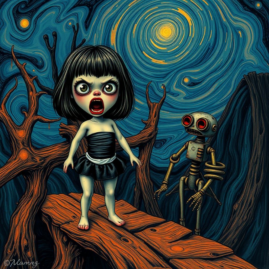 Gothic Doll Girl Screaming in Expressionist Style