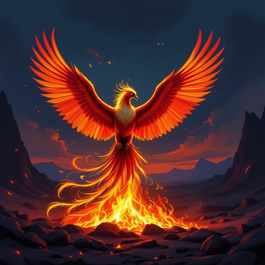 Majestic Phoenix Rises From Embers in Volcanic Landscape