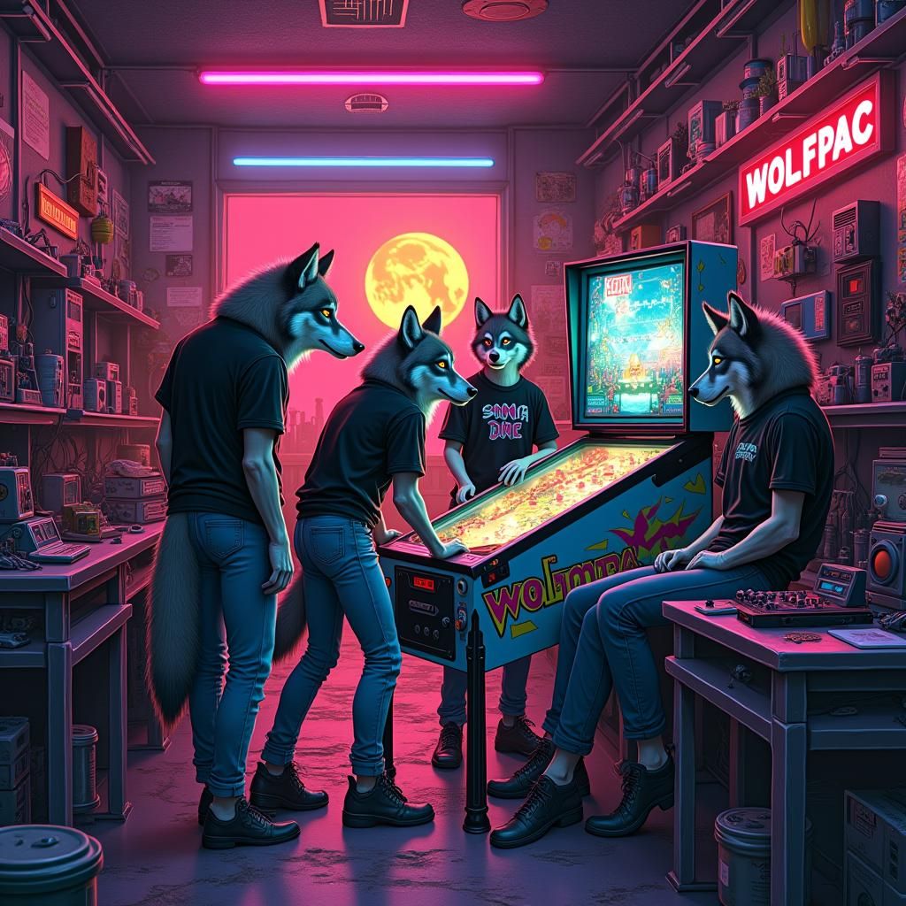 Cyberpunk Wolves Play Pinball Under Neon Moon