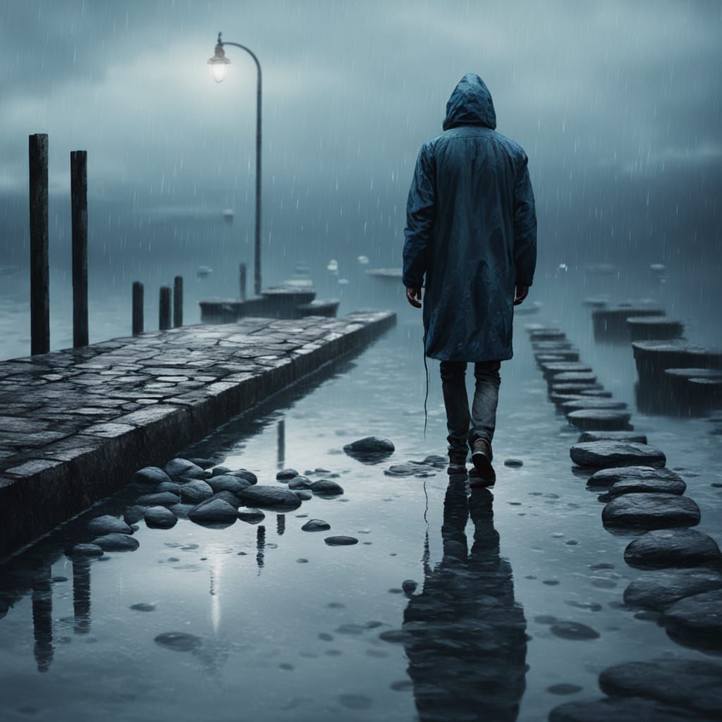 Gloomy Seaport at Dusk with Moody Lighting