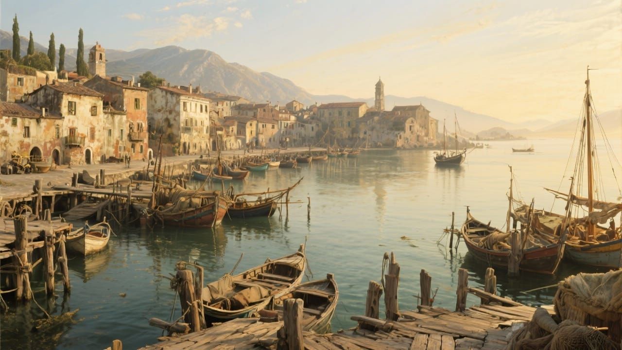 Coastal Fishing Village in Golden Renaissance Light