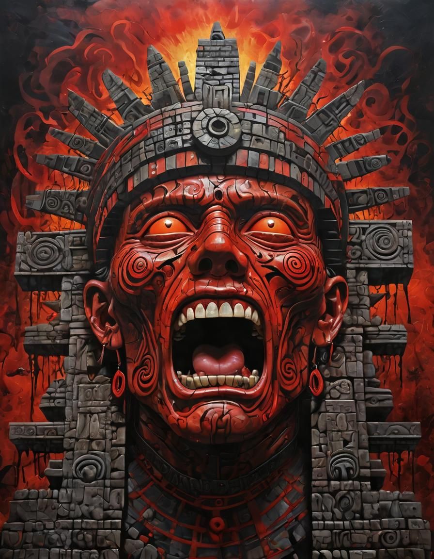 Chaos engulfs Bloody,Bruised and scared; primal scream atop ancient Aztec temple. Visual horrors of war slaughter, lyr.....
