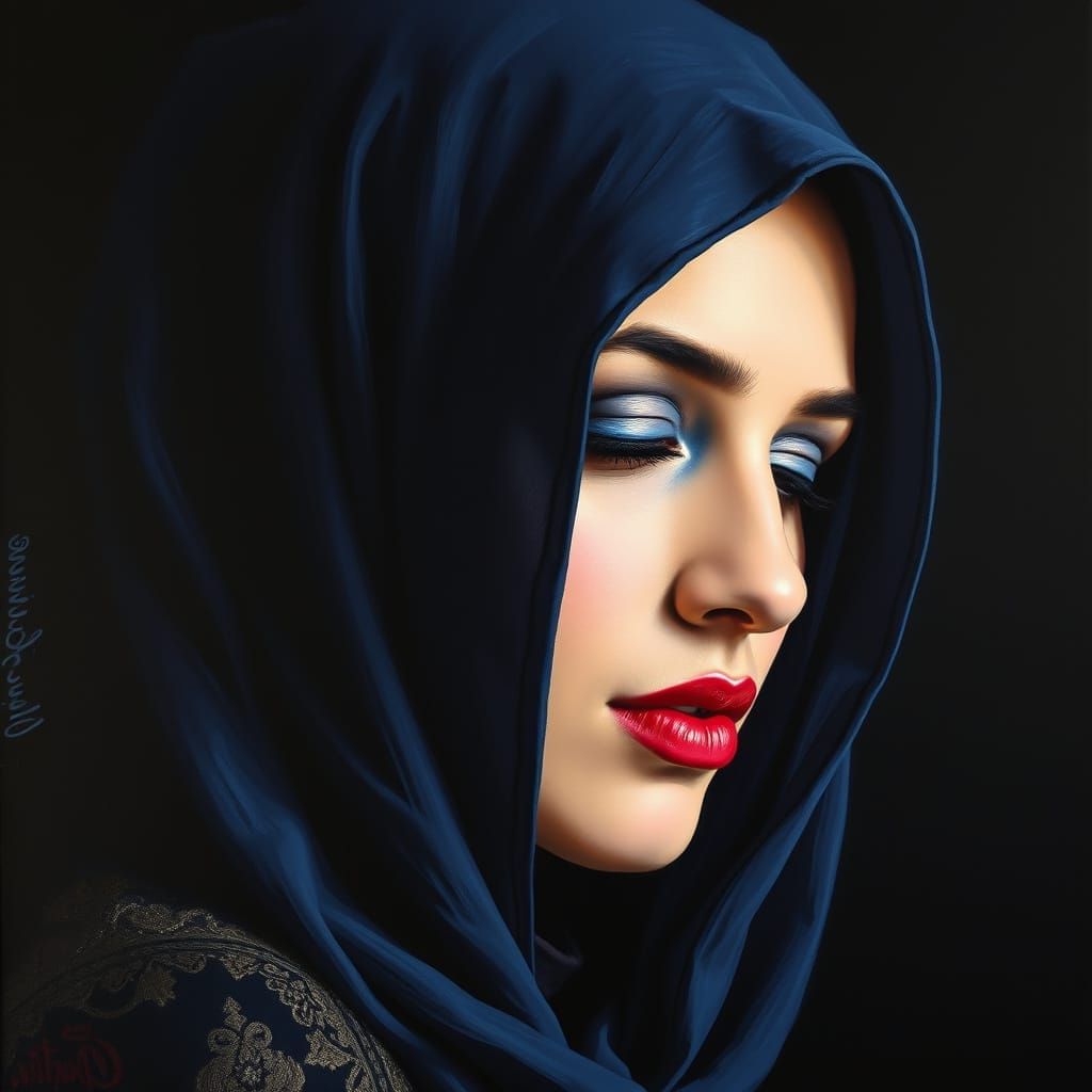 A Regal Afghan Woman in Dark Blue Veil, Set Against a Black ...