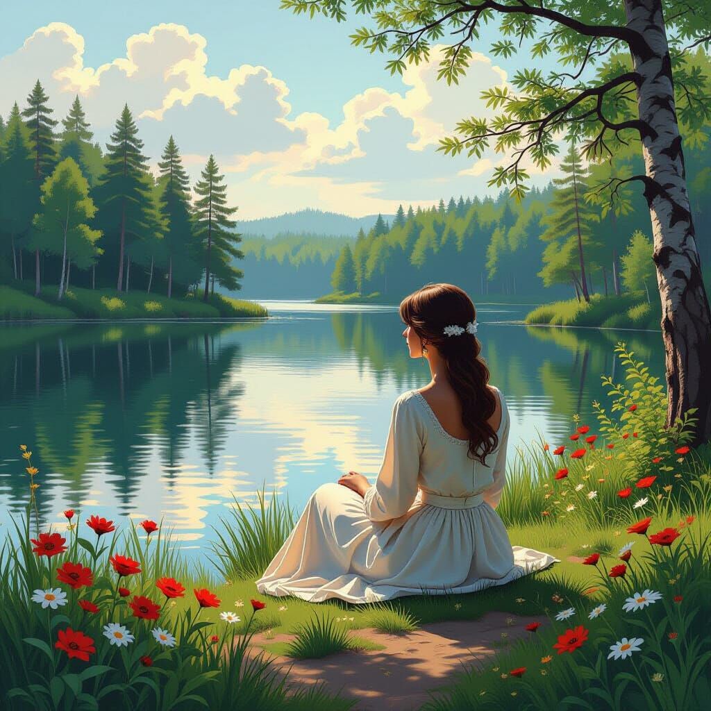 Woman in Forest Lake Landscape, Classical Art Style