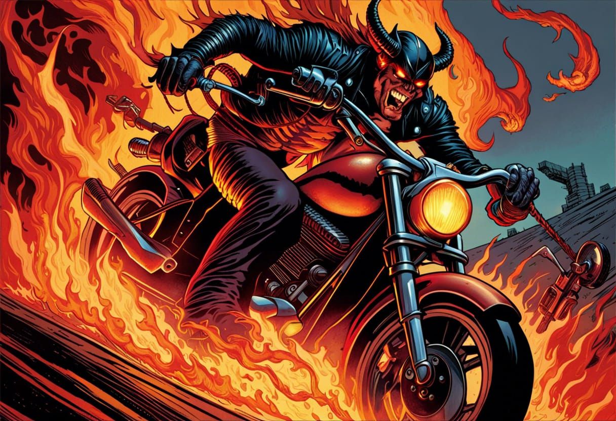 Demonic Biker on Flaming Highway, Comic Book Art