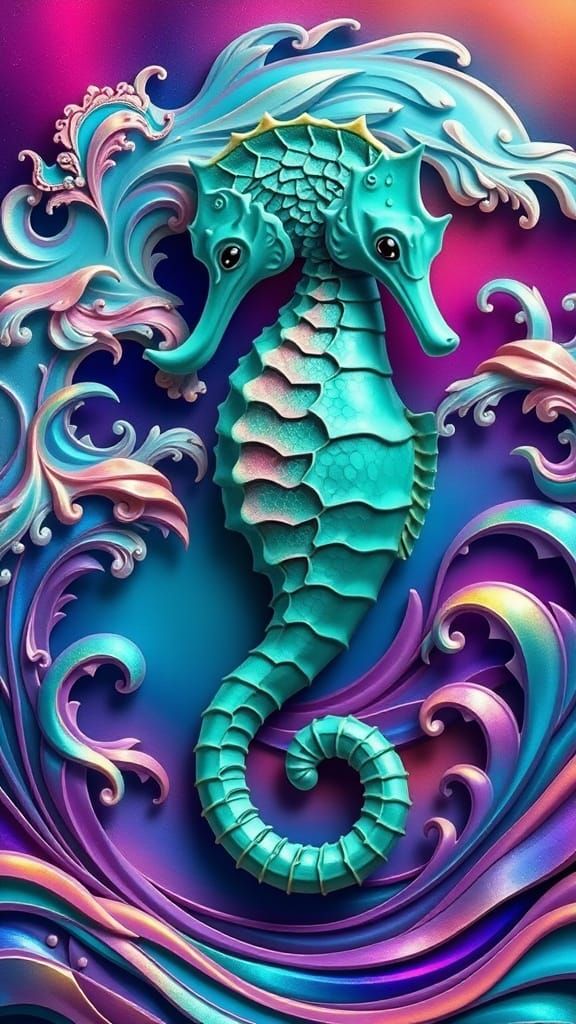 Seafoam Seahorse Miracles Moebius deep color green and magen...