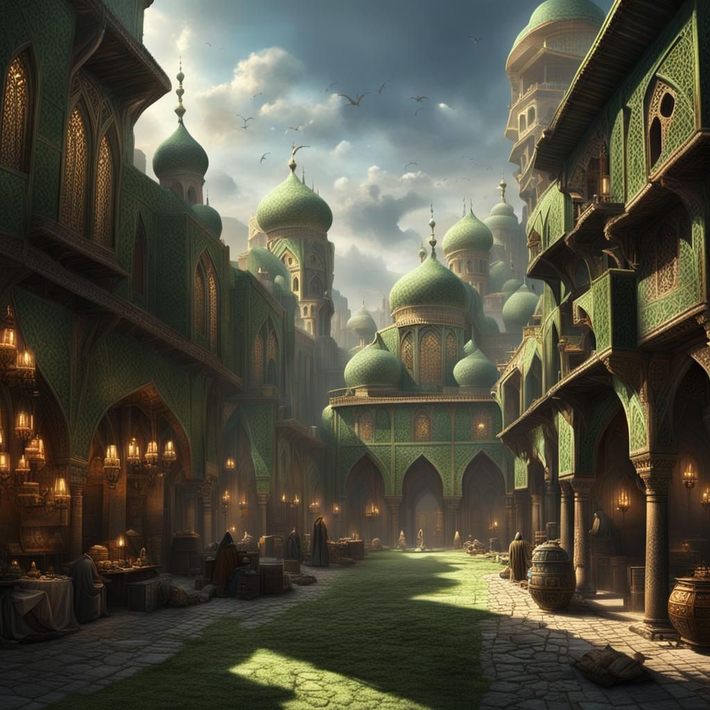 Medieval Arabic Trading City in Dark Fantasy Landscape