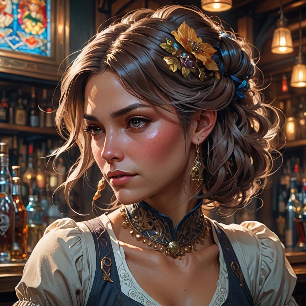 Detailed Portrait of Barmaid in Art Nouveau Style