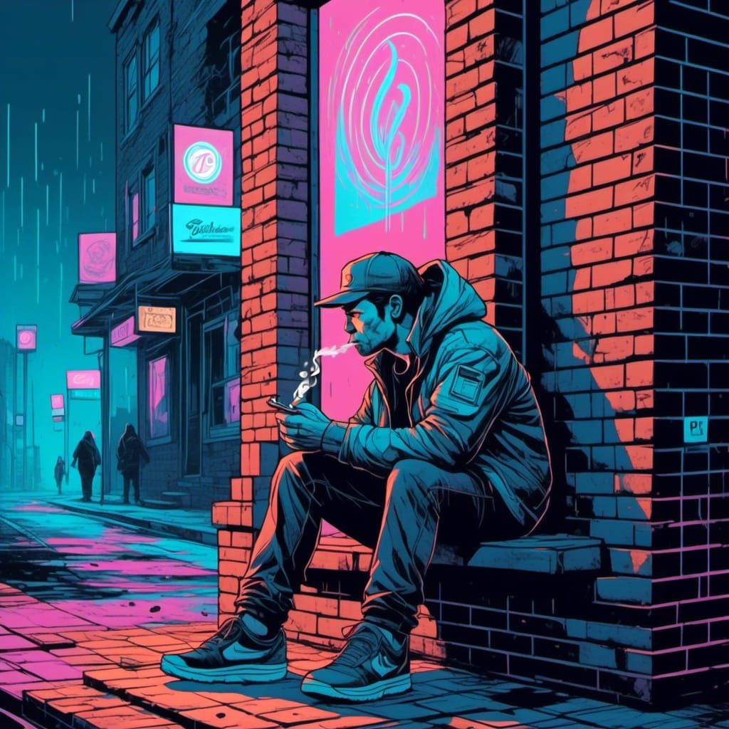 Dreary Street Corner: Man Smoking Cigarette