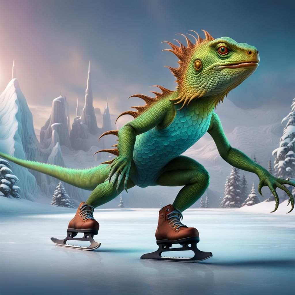Lizard Ice Skating: Detailed Fantasy Concept Art
