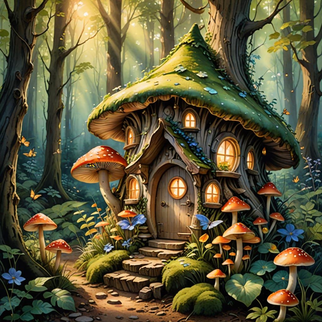Enchanted Fairy House in Bioluminescent Forest
